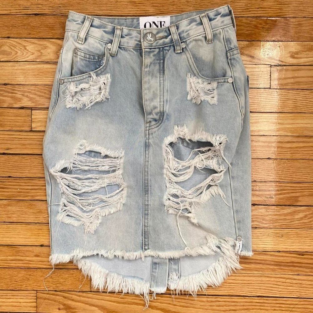 ONE Teaspoon 2020 High Waist Long Rise Super Fitted Mid Length Denim Skirt - Picture 4 of 9